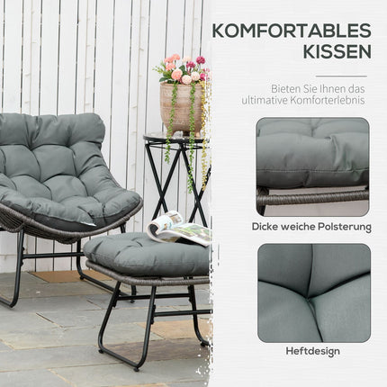 Outdoor rattan relaxation chair with footstool and gray cushions