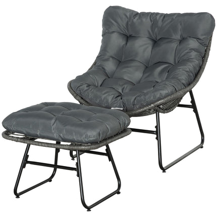 Outdoor rattan relaxation chair with footstool and gray cushions