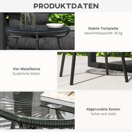 Round rattan coffee table, Glass top, Black, 50x50x50cm