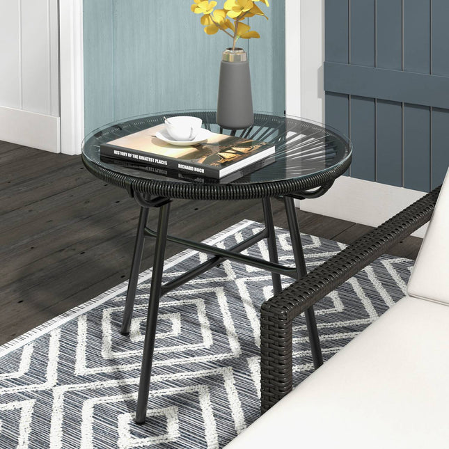 Round rattan coffee table, Glass top, Black, 50x50x50cm