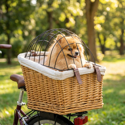 Rear Bike Basket for Dogs and Cats, Wicker with Lid and Cushion