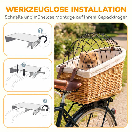 Rear Bike Basket for Dogs and Cats, Wicker with Lid and Cushion