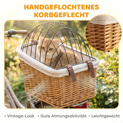 Rear Bike Basket for Dogs and Cats, Wicker with Lid and Cushion