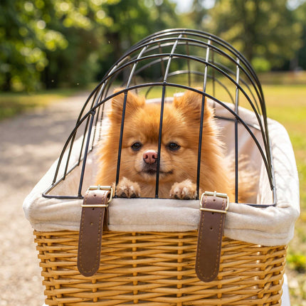 Rear Bike Basket for Dogs and Cats, Wicker with Lid and Cushion