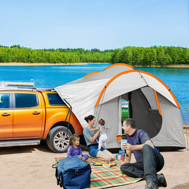 Achtertent autokoepeltent voor 6 personen met 3 deuren en ramen, achterkleptent voor caravans en SUV's van polyester, lichtgrijs
