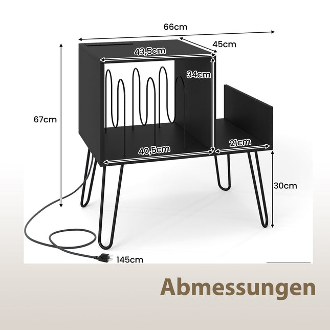 Record Player Stand with Charging Station – Black, High Capacity