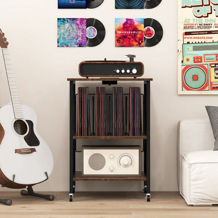 Record Player Stand with Charging Station, Wheels, Divider