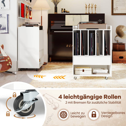 Record Player Table with 5 Shelves & Drawer, White, Mobile