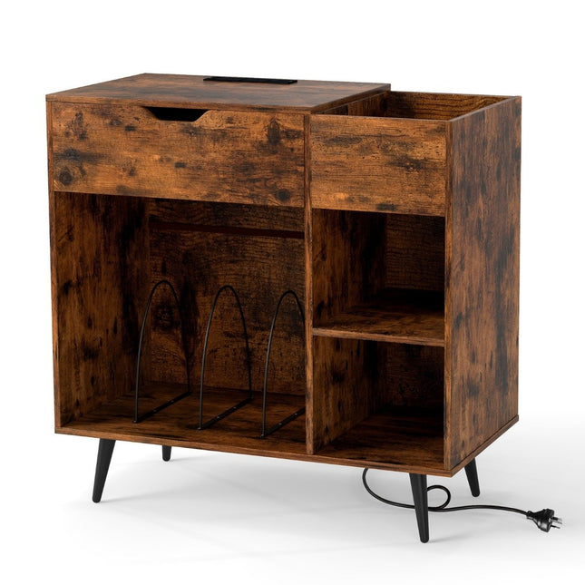 Record player stand record cabinet with socket & USB & Type C 79.5 x 40 x 79 cm Rustic brown