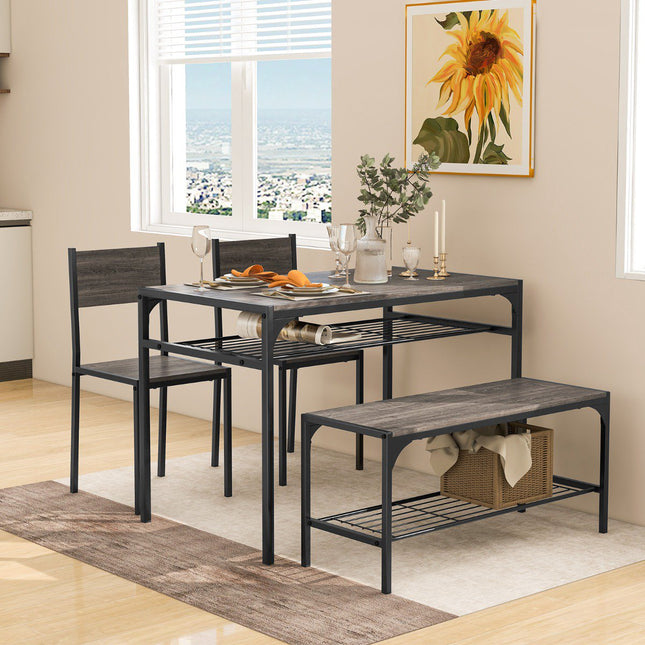 Rectangular Dining Table Set With Bench, 2 Chairs, Storage Shelf