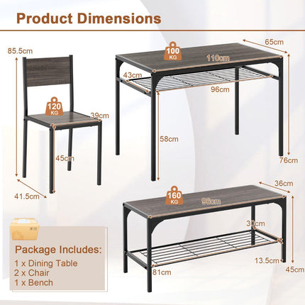 Rectangular Dining Table Set With Bench, 2 Chairs, Storage Shelf