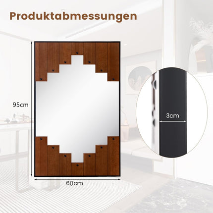 Rectangular mirror with wooden frame 60 x 95 cm rustic wall mirror with two-way hooks