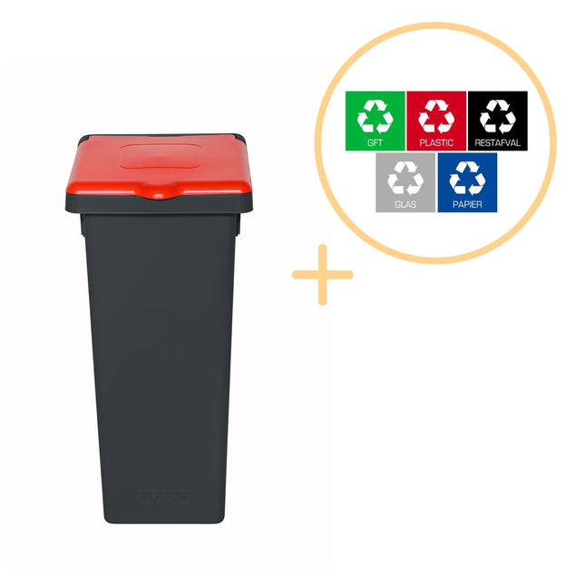 Kosz do recyklingu z pokrywką, 75 l - czerwony, plastikowy