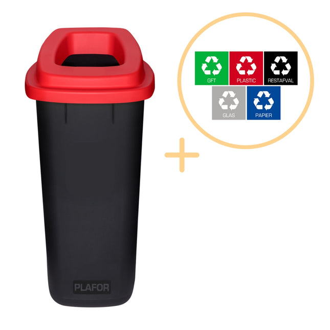 Kosz na śmieci do recyklingu, 90 l, czerwona pokrywa, plastik