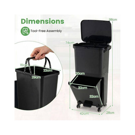 Recycling Waste Bin 36L with 2 Removable 10L Compartments, Black, Foot Pedal