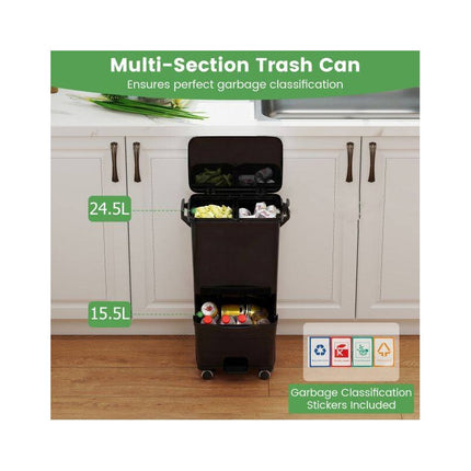 Recycling Waste Bin 36L with 2 Removable 10L Compartments, Black, Foot Pedal