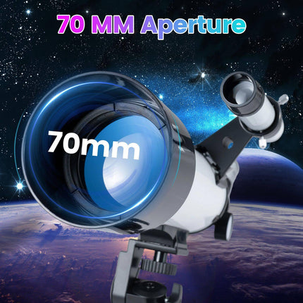 Refractor Telescope 70 mm with 2 Eyepieces and 3X Lens, Adjustable Tripod, White