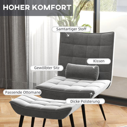 Gray Relax Chair & Ottoman Set, Velvet Upholstery, Comfortable Cushions