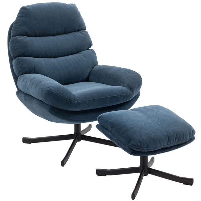 Relax Chair with Ottoman, Chenille Fabric, Blue, 360 Swivel
