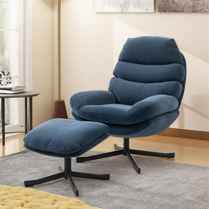 Relax Chair with Ottoman, Chenille Fabric, Blue, 360 Swivel