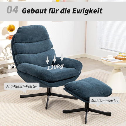 Relax Chair with Ottoman, Chenille Fabric, Blue, 360 Swivel