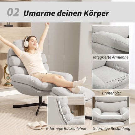 Relax Chair with Ottoman, Chenille Fabric, Cream, 360 Swivel