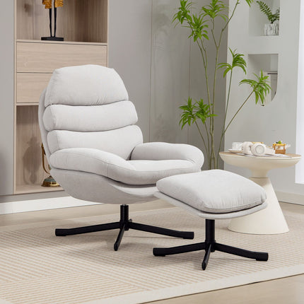 Relax Chair with Ottoman, Chenille Fabric, Cream, 360 Swivel