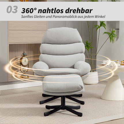 Relax Chair with Ottoman, Chenille Fabric, Cream, 360 Swivel