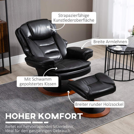 Reclining relaxation chair in artificial leather with ottoman, black