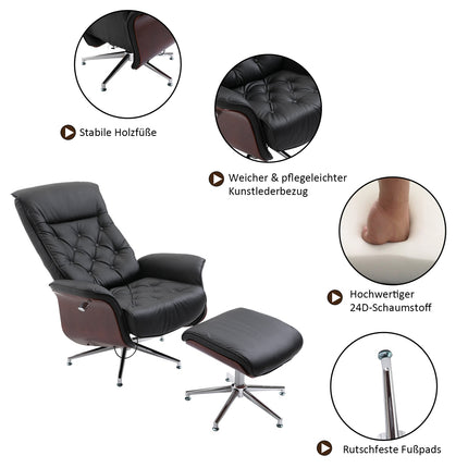 Chesterfield relaxation chair and stool, 360° rotatable, PU leather