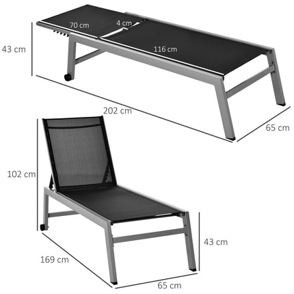 Adjustable sun lounger, black aluminium, 5-level backrest