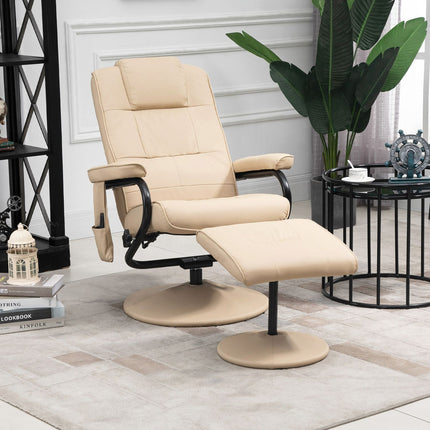 Reclining massage chair with stool - artificial leather, cream