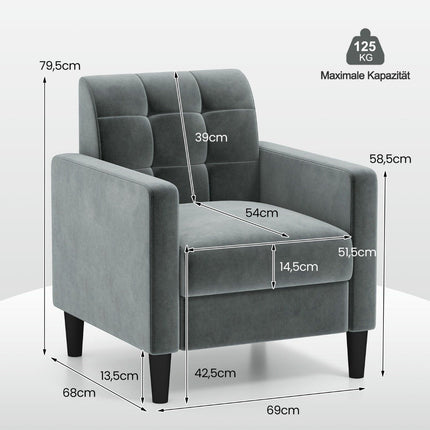 Relaxation armchair modern TV armchair made of velvet in mid-century style upholstered armchair with tufted backrest gray