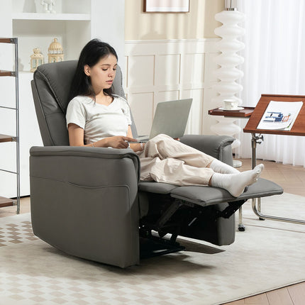 Reclining TV chair with footrest and side pocket, light grey