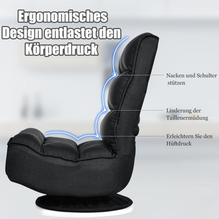 Relaxation chair, adjustable, folding chair, rotatable floor chair, sofa chair, floor cushion, black
