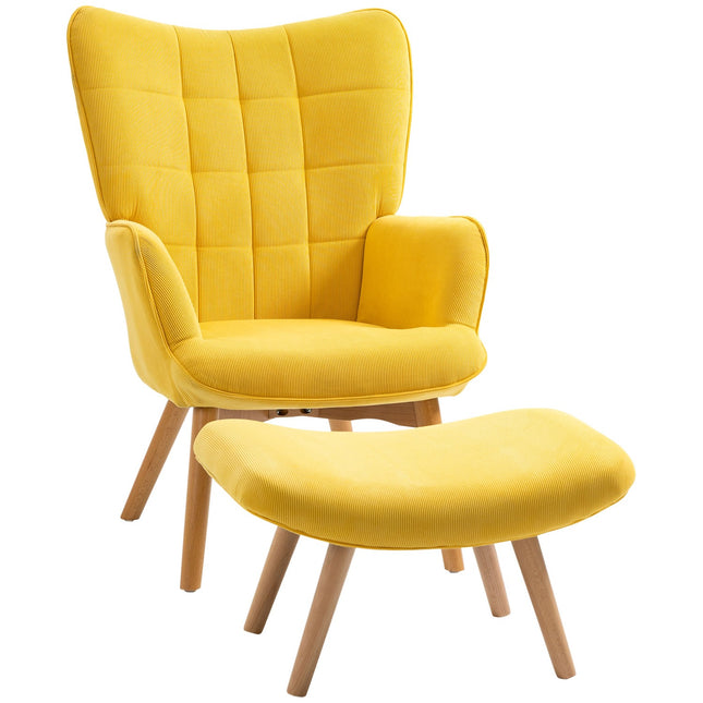 Yellow Corduroy Wing Chair with stool - Wooden Legs Armchair