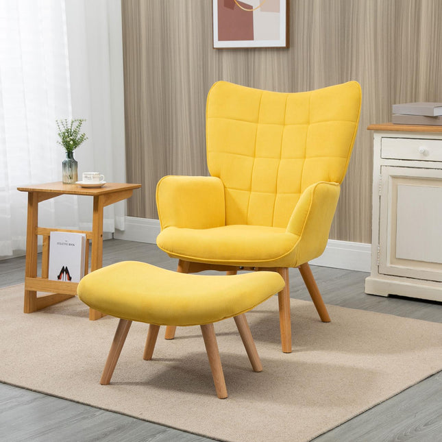 Yellow Corduroy Wing Chair with stool - Wooden Legs Armchair