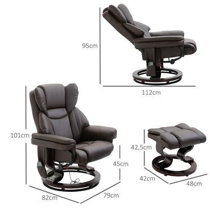 Massage armchair with footstool, artificial leather, brown