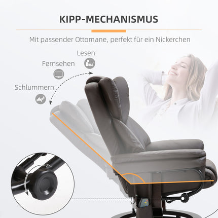 Massage armchair with footstool, artificial leather, brown