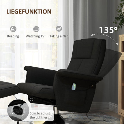 Rotating reclining massage chair with ottoman, black linen