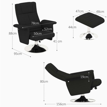 Rotating reclining massage chair with ottoman, black linen