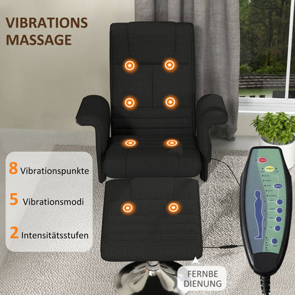 Rotating reclining massage chair with ottoman, black linen