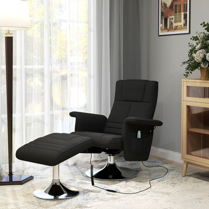 Rotating reclining massage chair with ottoman, black linen
