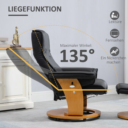Lounger with ottoman, synthetic leather, rotatable, black