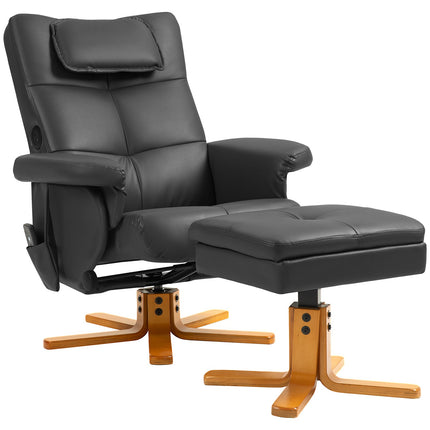 Reclining massage chair with footrest and storage, black leather