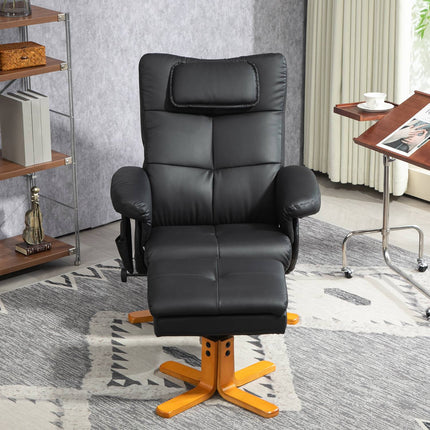 Reclining massage chair with footrest and storage, black leather