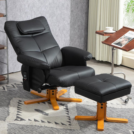 Reclining massage chair with footrest and storage, black leather
