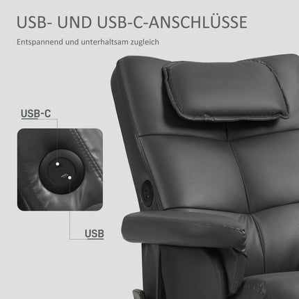Reclining massage chair with footrest and storage, black leather