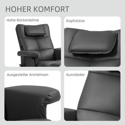 Reclining massage chair with footrest and storage, black leather