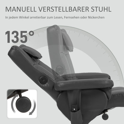Reclining massage chair with footrest and storage, black leather